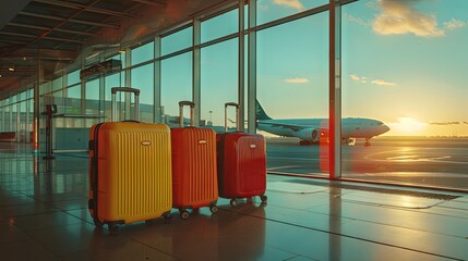 Modern suitcases on handle placed on floor against plane behind glass wall in airport