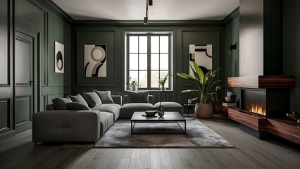 Modern dark green living room interior