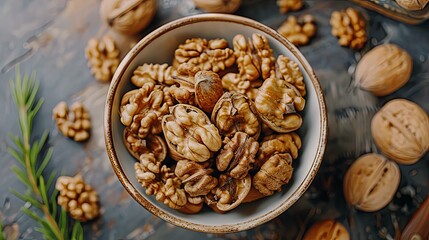 Fototapeta premium Overhead view of walnuts in a bowl