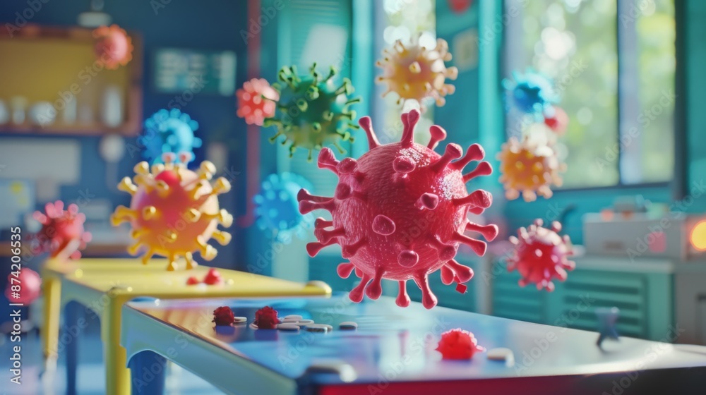 Fototapete Several colorful virus models float in the air above a blue and yellow table in a classroom setting.