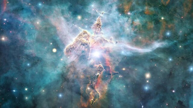 Carina Nebula exploration on deep space. 4K Flight Into A pillar of gas in the Carina Nebula, is bathed in the light of hot, massive stars. Elements furnished by NASA image. 3D animation space flight.