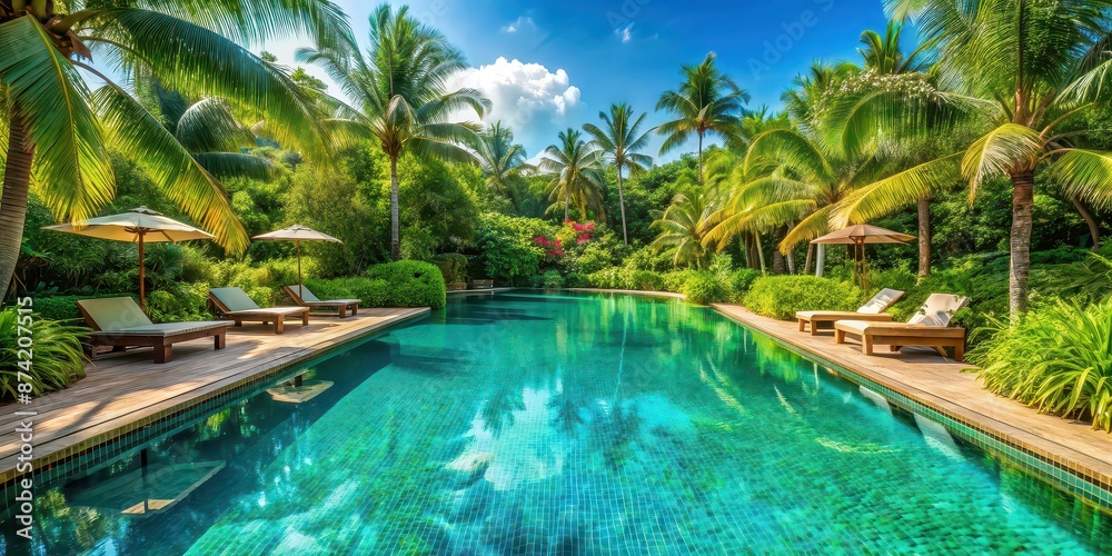 Sticker Tropical resort pool with crystal clear water surrounded by lush greenery, pool, tropical, resort, water, crystal clear