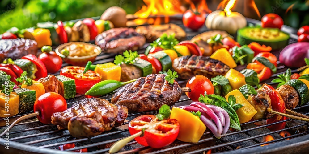 Wall mural vibrant and inviting bbq gathering with a colorful array of juicy meats and fresh vegetables on the 