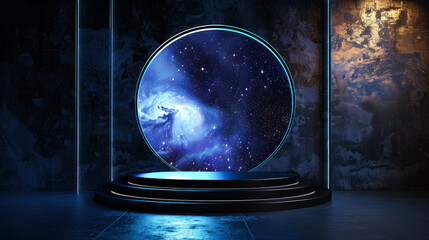 3D rendering empty podium with sky inside circle on pink  background