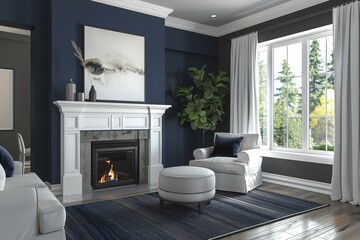 modern living room with fireplace, navy blue and white, mock up, AI generated