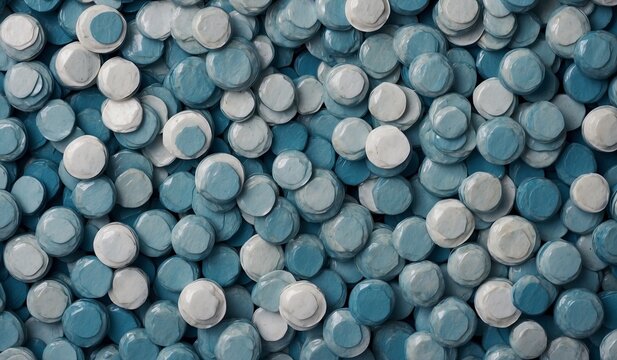 Blue and white circular pills scattered in piles