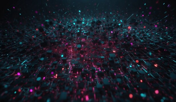 Neon lights illuminating abstract structure in dark