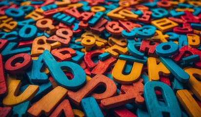 Heap of colorful wooden alphabet letters in a pile