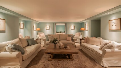 Pastel blue walls in basement living room interior.