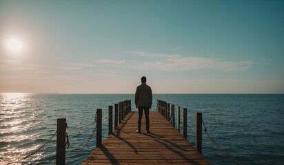 Fototapeta premium Lone person on pier extending into calm sea