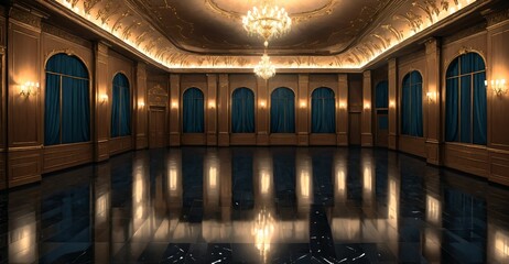 royal ballroom palace castle room interior. open mansion hall with pattern on smooth stone flooring. adorned in luxurious noble black and gold palette with intricate detail and warm lighting.