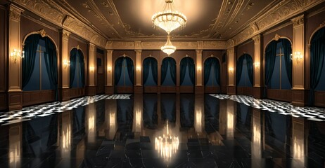 Obraz premium royal ballroom palace castle room interior. open mansion hall with pattern on smooth stone flooring. adorned in luxurious noble black and gold palette with intricate detail and warm lighting.