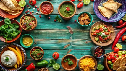 Fototapeta premium Traditional Mexican dishes laid out on a table , Mexican cuisine, tacos, burritos, quesadillas, chili, fajitas, tortillas