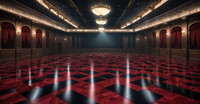 mansion palace luxurious interior design and room decor. black and red gothic open ballroom. rococo baroque victorian style. reflective stone floors in clean pristine building. 