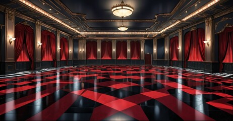 mansion palace luxurious interior design and room decor. black and red gothic open ballroom. rococo baroque victorian style. reflective stone floors in clean pristine building. 