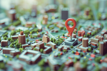 Miniature city model with striking geo pins. Use of geofencing in urban areas for marketing