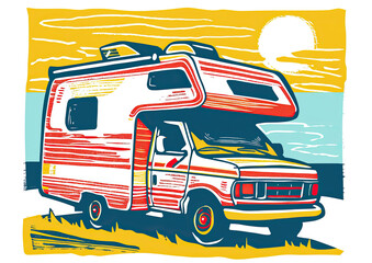 RV on scenic mountain road summer roadtrip concept, linocut vintage style illustration