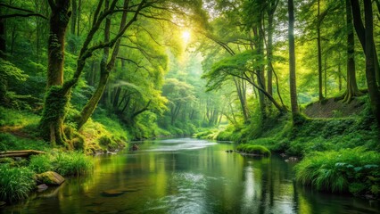Fototapeta premium Tranquil image of a lush green forest with a winding river flowing through, nature, landscape, trees, river, serene, peaceful