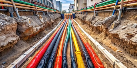 Underground cable duct bank installation process , construction, infrastructure, utility, electrician, conduit, pipes