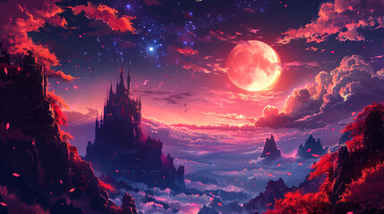 Fototapeta premium illustration art castle with full moon in night style art anime