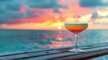 Obraz premium Colorful cocktail by beach at sunset