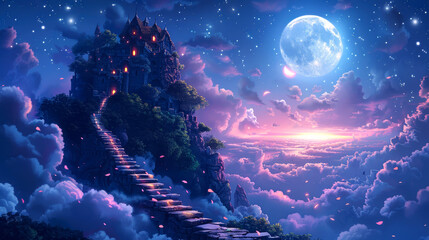 illustration art castle with  full moon in night style art anime