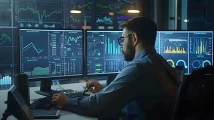 A finance professional building a complex financial model on a multi-screen setup, surrounded by equations, graphs, and data points, in a high-tech office