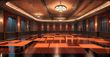 ballroom in palace mansion. elegant formal room interior design decor. smooth reflective stone floors with warm colors and lighting. spot light and intricate ceiling.