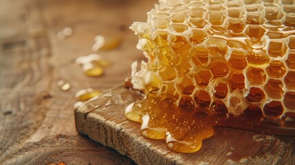 Fresh honeycomb with oozing honey on wooden surface