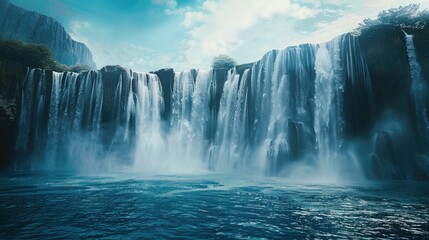 A majestic waterfall plunging into a deep blue lagoon, with mist rising and creating a mystical atmosphere.