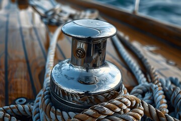 Obraz premium Close-Up of a Shiny Winch and Ropes on a Wooden Sailboat Deck