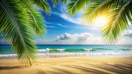 Fototapeta premium Tropical beach landscape with palm leaves, sandy shore, and blurred ocean background, Palm leaves, sandy beach, bokeh