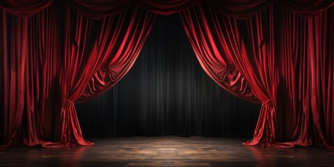 Red velvet theater curtains opening to reveal an empty stage with spotlight