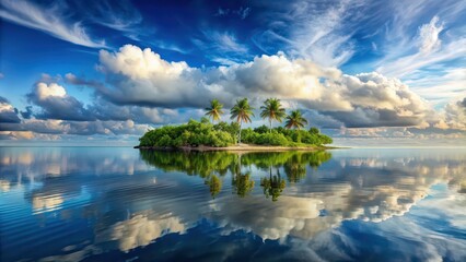 Fototapeta premium Tranquil island oasis with reflective waters and cloudy skies, island oasis, tranquil, reflective waters