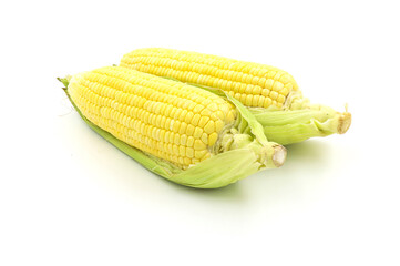 Fresh Corn on White Background. Healthy Sweet Corn on White. Vegetable Corn on White Background. Organic Corn on White. Close-up of Corn on White Background.