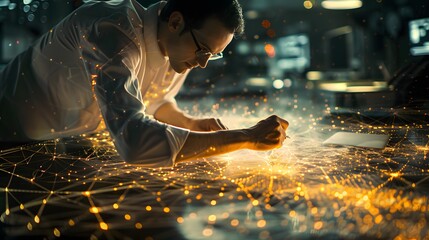 A scientist meticulously crafting and selecting features from a vast dataset, represented by glowing data points and interconnected nodes