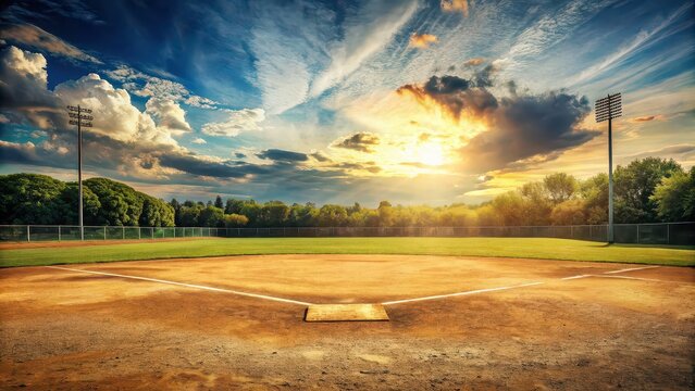Vintage baseball field on a sunny day, with a grunge aesthetic , vintage, baseball, sunny, landscape, vintage vibe