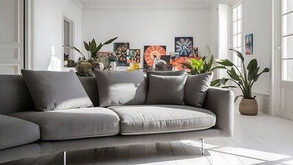 Grey sofa in white living room interior