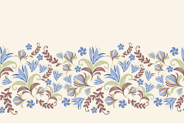 Blue Floral pattern trailing wallpaper vector vintage embroidery Ikat texture boho design vector illustration hand drawn flower motif branches leaves wallpaper seamless background border.
