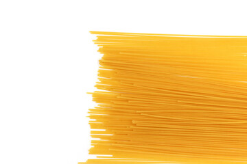 Yellow long spaghetti on White background. Thin pasta arranged in rows. Yellow italian pasta. Long spaghetti. Raw spaghetti wallpaper. Thin spaghetti. Food background concept. top view.