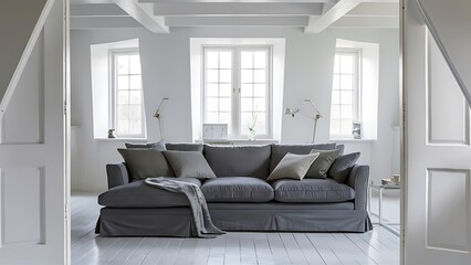 Grey sofa in white living room interior