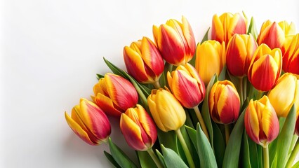 Vibrant yellow and red tulips bunch against a white background, tulips, flowers, floral, bouquet, colorful, bright, vivid