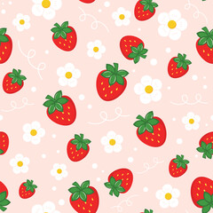 Seamless pattern with flowers and strawberries on a pink background