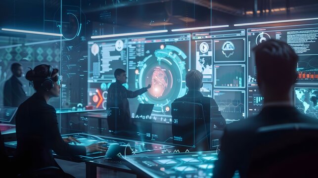 An advanced AI system balancing workloads among team members, displayed on a holographic interface