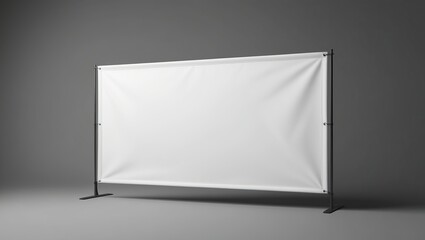 Blank white banner on grey background, stand for trade shows and events. For displaying advertisements, promotional messages, or custom graphics