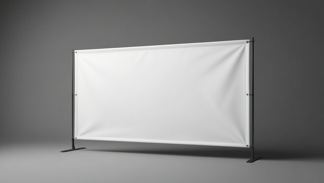 Blank white banner on grey background, stand for trade shows and events. For displaying advertisements, promotional messages, or custom graphics