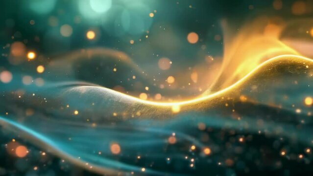 This image depicts flowing abstract lines with golden and teal sparkles creating a bokeh effect. The scene exudes a mystical and magical mood, likely captured at night, highlighting the dynamic