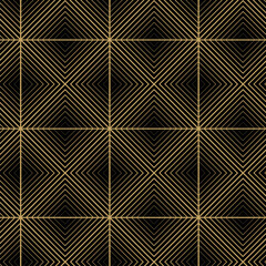 Abstract geometric pattern with triangles, squares, stripes, lines. Seamless vector background. Black and gold ornament. Modern reticulated graphic design.