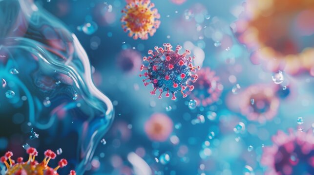 A close-up view of several virus particles floating in a fluid, surrounded by small bubbles.