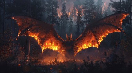 Fiery Bat Creature in a Burning Forest at Night with Glowing Wings and Intense Flames